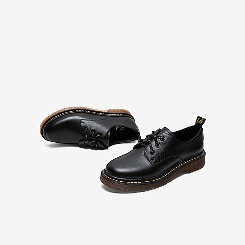 Tata/他她2020春专柜同款黑色牛皮革织带圆头方跟休闲女单鞋WJT01AM0