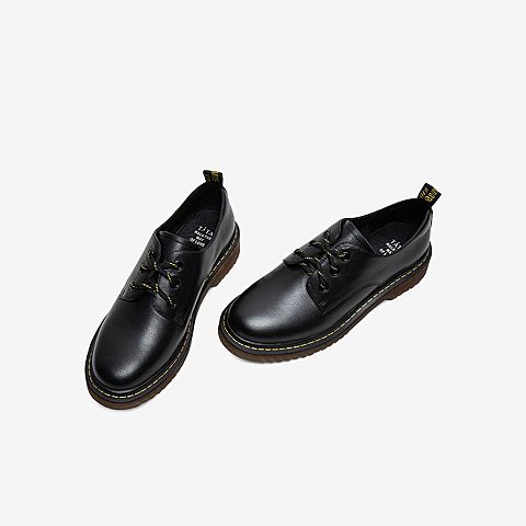 Tata/他她2020春专柜同款黑色牛皮革织带圆头方跟休闲女单鞋WJT01AM0