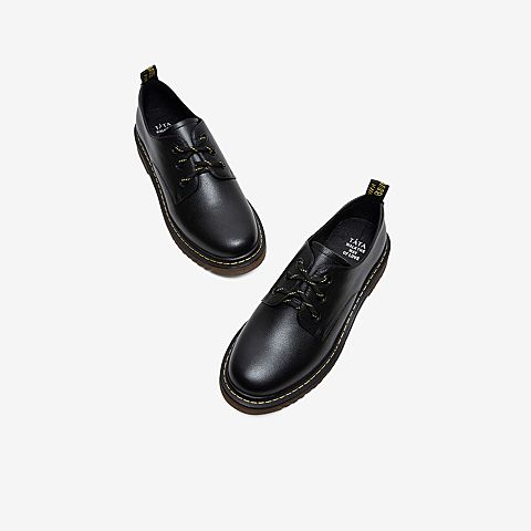 Tata/他她2020春专柜同款黑色牛皮革织带圆头方跟休闲女单鞋WJT01AM0