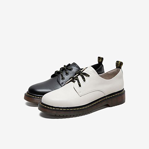 Tata/他她2020春专柜同款黑色牛皮革织带圆头方跟休闲女单鞋WJT01AM0