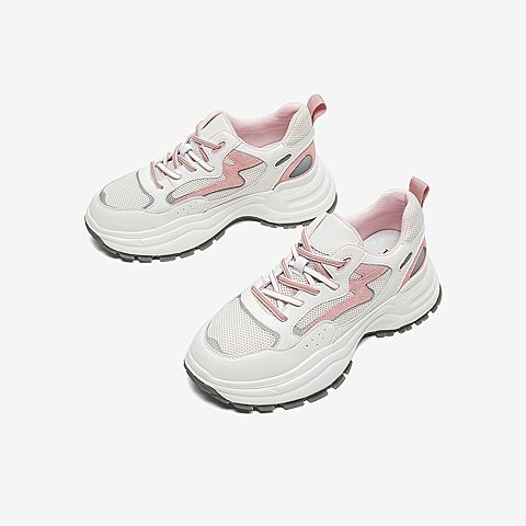 Tata/他她2020春白/粉拼接网面老爹鞋运动厚底女休闲鞋DSCBCAM0