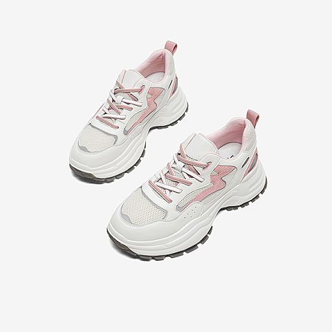 Tata/他她2020春白/粉拼接网面老爹鞋运动厚底女休闲鞋DSCBCAM0