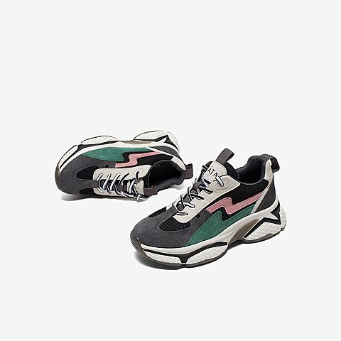 Tata/他她2020春专柜同款黑/灰/绿/米白拼接撞色老爹鞋厚底女休闲鞋WKB01AM0