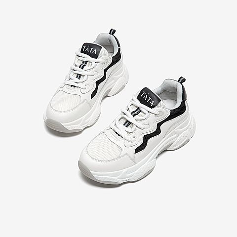 Tata/他她2020春白/黑拼接撞色老爹鞋运动厚底女休闲鞋WKG01AM0