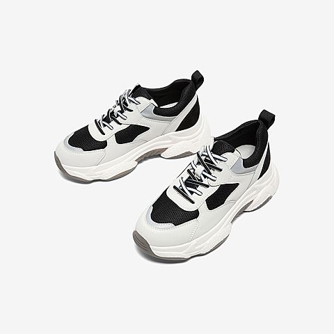 Tata/他她2020春黑/白拼接网面老爹鞋厚底鞋满帮女休闲鞋DSCAZAM0