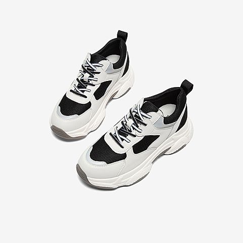 Tata/他她2020春黑/白拼接网面老爹鞋厚底鞋满帮女休闲鞋DSCAZAM0