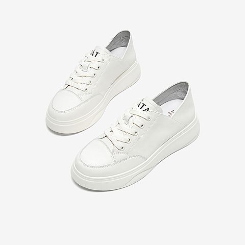 Tata/他她2020春米白牛皮革圆头绑带小白鞋厚底女休闲鞋WJN02AM0