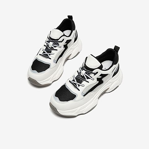 Tata/他她2020春白/黑拼接网面老爹鞋运动厚底女休闲鞋DSCBCAM0