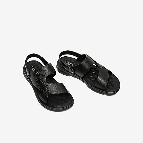 Tata/他她2020夏专柜同款黑色牛皮革休闲沙滩鞋平跟男凉鞋QVG01BL0