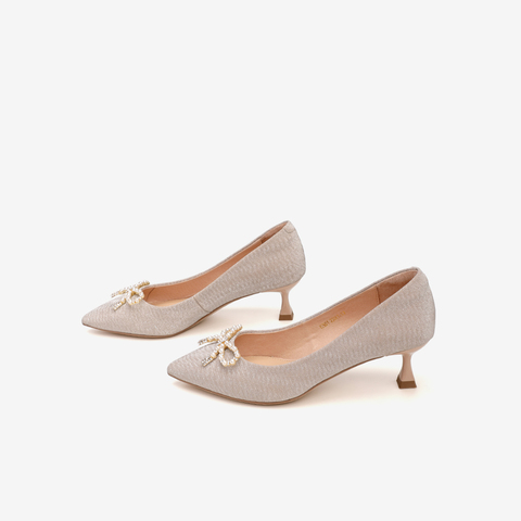 Tata/他她2021春专柜同款蝴蝶结饰甜美单鞋猫跟浅口鞋新YZH01AQ1