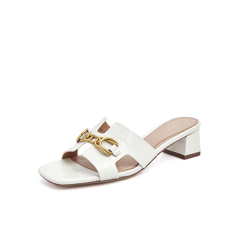 Tata/他她2021夏专柜同款复古石头纹方跟拖鞋休闲女拖新7LU06BT1