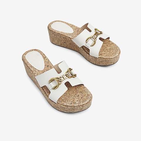 Tata/他她2021夏专柜同款时尚金属饰一字拖鞋坡跟女鞋新7LL01BT1