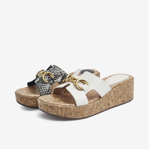 Tata/他她2021夏专柜同款时尚金属饰一字拖鞋坡跟女鞋新7LL01BT1