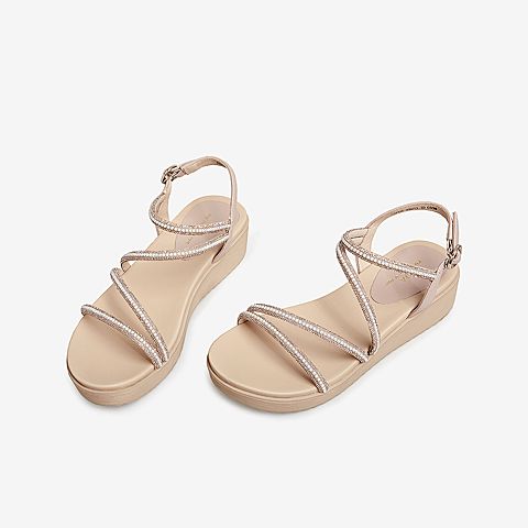 Tata/他她2021夏专柜同款甜美水钻饰坡跟时尚百搭女凉鞋FAFC6BL1