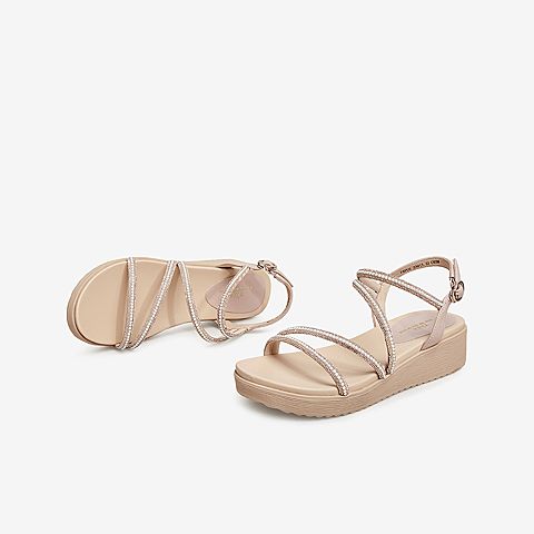 Tata/他她2021夏专柜同款甜美水钻饰坡跟时尚百搭女凉鞋FAFC6BL1