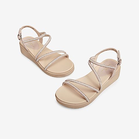 Tata/他她2021夏专柜同款甜美水钻饰坡跟时尚百搭女凉鞋FAFC6BL1