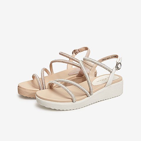 Tata/他她2021夏专柜同款甜美水钻饰坡跟时尚百搭女凉鞋FAFC6BL1