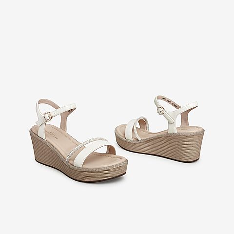 Tata/他她2021夏专柜同款时尚水钻饰坡跟时装凉鞋女凉新7MY01BL1