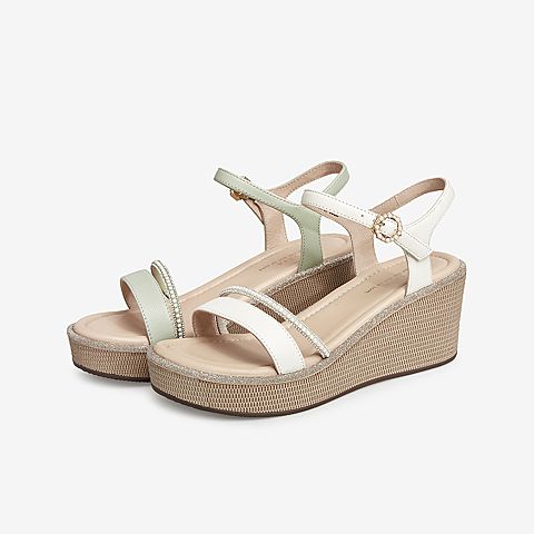 Tata/他她2021夏专柜同款时尚水钻饰坡跟时装凉鞋女凉新7MY01BL1