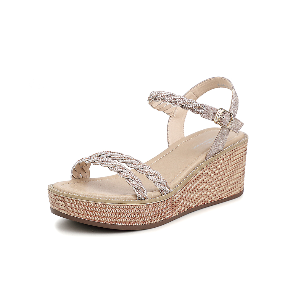 Tata/他她2021夏专柜同款时尚水钻饰坡跟女凉鞋百搭新款W5A01BL1