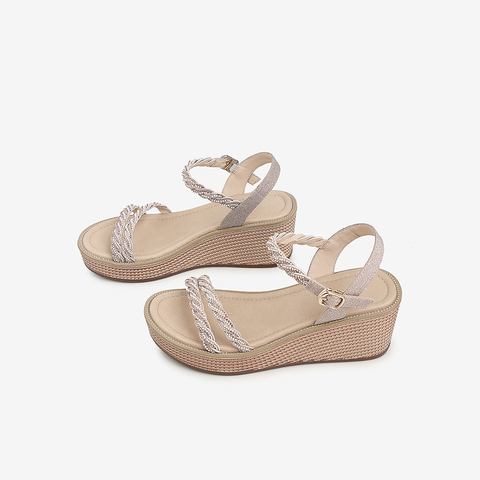 Tata/他她2021夏专柜同款时尚水钻饰坡跟女凉鞋百搭新款W5A01BL1