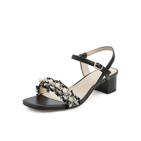 Tata/他她2021夏专柜同款时尚小香风时装凉鞋方跟女新3LR02BL1