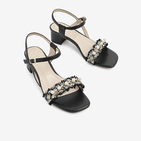 Tata/他她2021夏专柜同款时尚小香风时装凉鞋方跟女新3LR02BL1