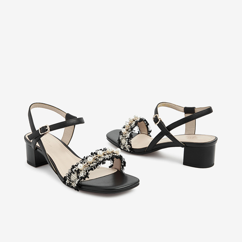 Tata/他她2021夏专柜同款时尚小香风时装凉鞋方跟女新3LR02BL1