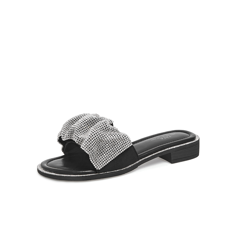 Tata/他她2021夏时尚水钻饰一字拖外穿方跟平跟女鞋新款W9S01BT1