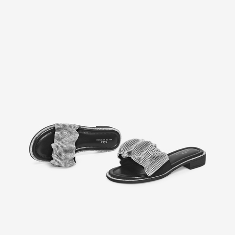 Tata/他她2021夏时尚水钻饰一字拖外穿方跟平跟女鞋新款W9S01BT1