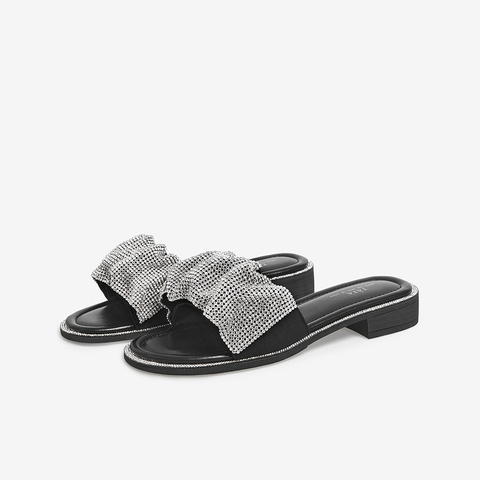 Tata/他她2021夏时尚水钻饰一字拖外穿方跟平跟女鞋新款W9S01BT1