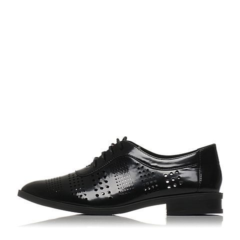 Teenmix/天美意春专柜同款黑色光面小牛皮方跟系带鞋女单鞋6T521AM7