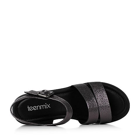 Teenmix/天美意夏专柜同款灰色牛皮时尚坡跟简约女凉鞋AO951BL7