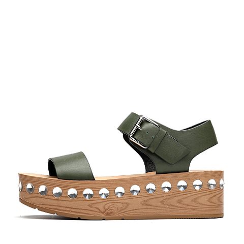 Teenmix/天美意夏军绿色牛皮时尚厚底女凉鞋29-27BL7