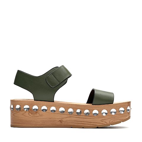 Teenmix/天美意夏军绿色牛皮时尚厚底女凉鞋29-27BL7