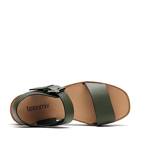 Teenmix/天美意夏军绿色牛皮时尚厚底女凉鞋29-27BL7