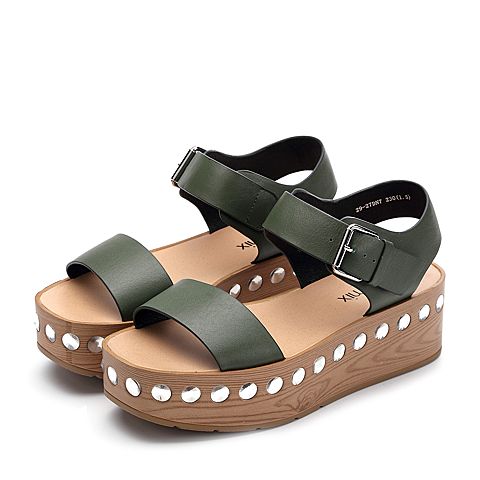 Teenmix/天美意夏军绿色牛皮时尚厚底女凉鞋29-27BL7