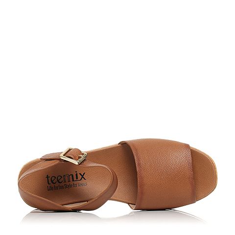 Teenmix/天美意夏专柜同款棕色牛皮松糕厚底女凉鞋6L707BL7