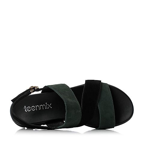 Teenmix/天美意夏墨绿/黑色磨砂牛皮时尚舒适女凉鞋DY139BL7