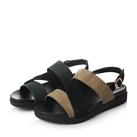 Teenmix/天美意夏墨绿/黑色磨砂牛皮时尚舒适女凉鞋DY139BL7