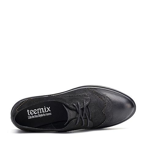 Teenmix/天美意秋专柜同款黑色珠光牛皮方跟布洛克鞋女单鞋6U127CM7