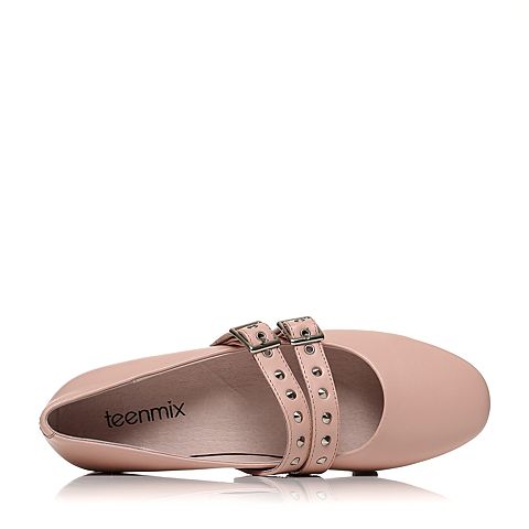 Teenmix/天美意秋粉色羊皮复古铆钉时髦优雅玛丽珍鞋女单鞋2357DCQ7