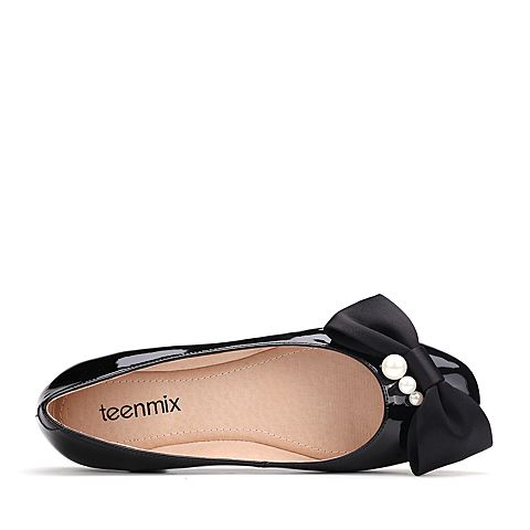 Teenmix/天美意春黑色漆牛皮甜美蝴蝶结优雅浅口女单鞋16002AQ7