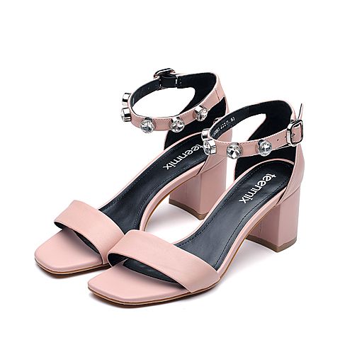 teenmix天美意夏粉色牛皮时尚钻饰优雅粗跟女凉鞋b1053bl7