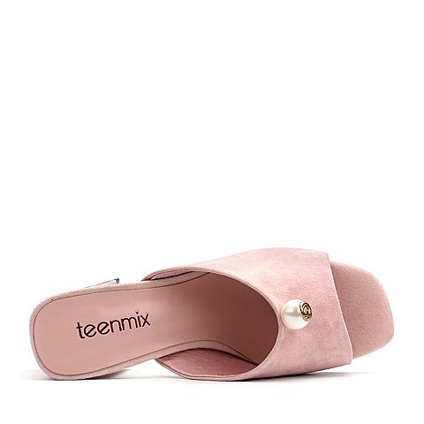 Teenmix/天美意夏粉色羊皮时尚珍珠装饰穆勒鞋女拖鞋10391BT7