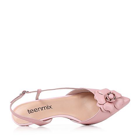 Teenmix/天美意夏粉色羊皮时尚尖头轻盈优雅猫跟鞋女凉鞋DSY01BH7
