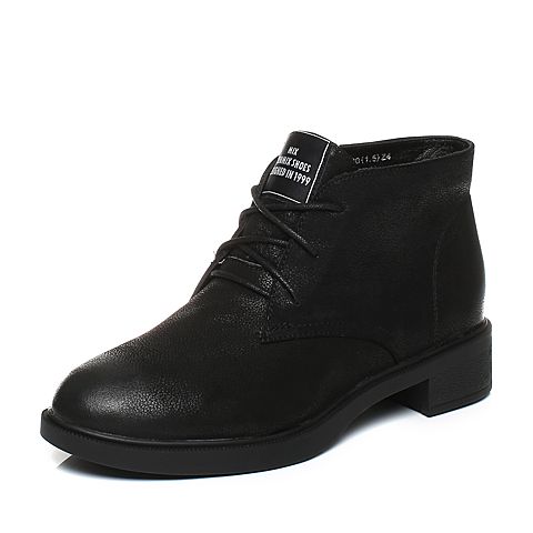 Teenmix/天美意冬专柜同款黑色珠光牛皮简约方跟女短靴CBE43DD7