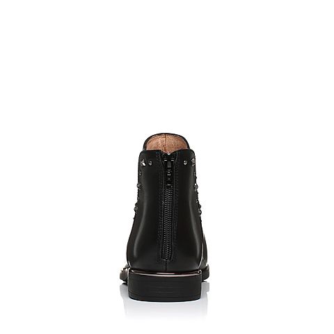 Teenmix/天美意冬专柜同款黑色牛皮时尚铆钉方跟女短靴CBQ44DD7