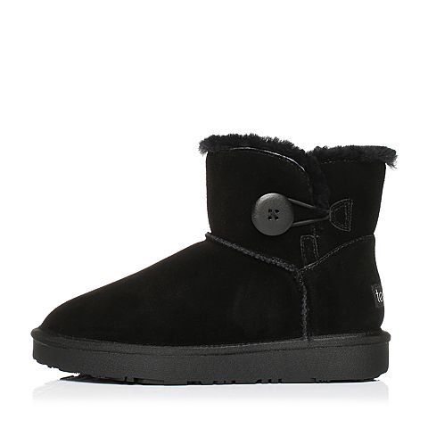 Teenmix/天美意冬黑色牛剖层皮平跟雪地靴女短靴(毛里)33501DD7