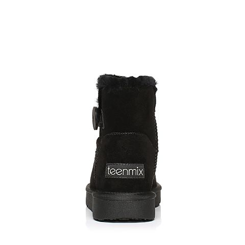 Teenmix/天美意冬黑色牛剖层皮平跟雪地靴女短靴(毛里)33501DD7
